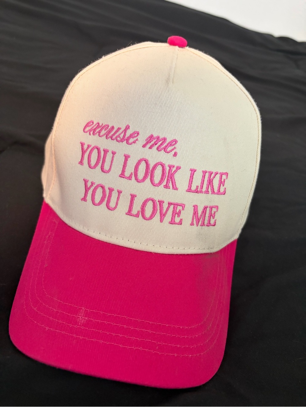 Buckle Pink & Cream Embroidered Trucker Hat - "You Look Like You Love Me"